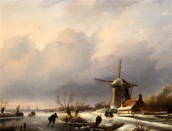 Attributed to Jacob Jan Conrad Spohler (1837-1923) Dutch winter landscape with figures skating on the ice, 14 x 18in.